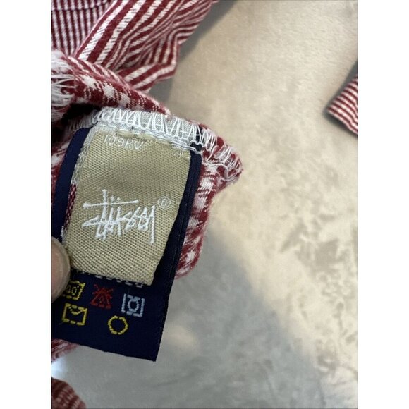 Men’s Stussy Button Up Flannel Shirt Red White Size Medium - Picture 2 of 11